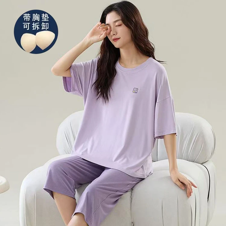 100%莫代尔带胸垫睡衣女夏季薄款短袖七分裤大码可外穿家居服套装