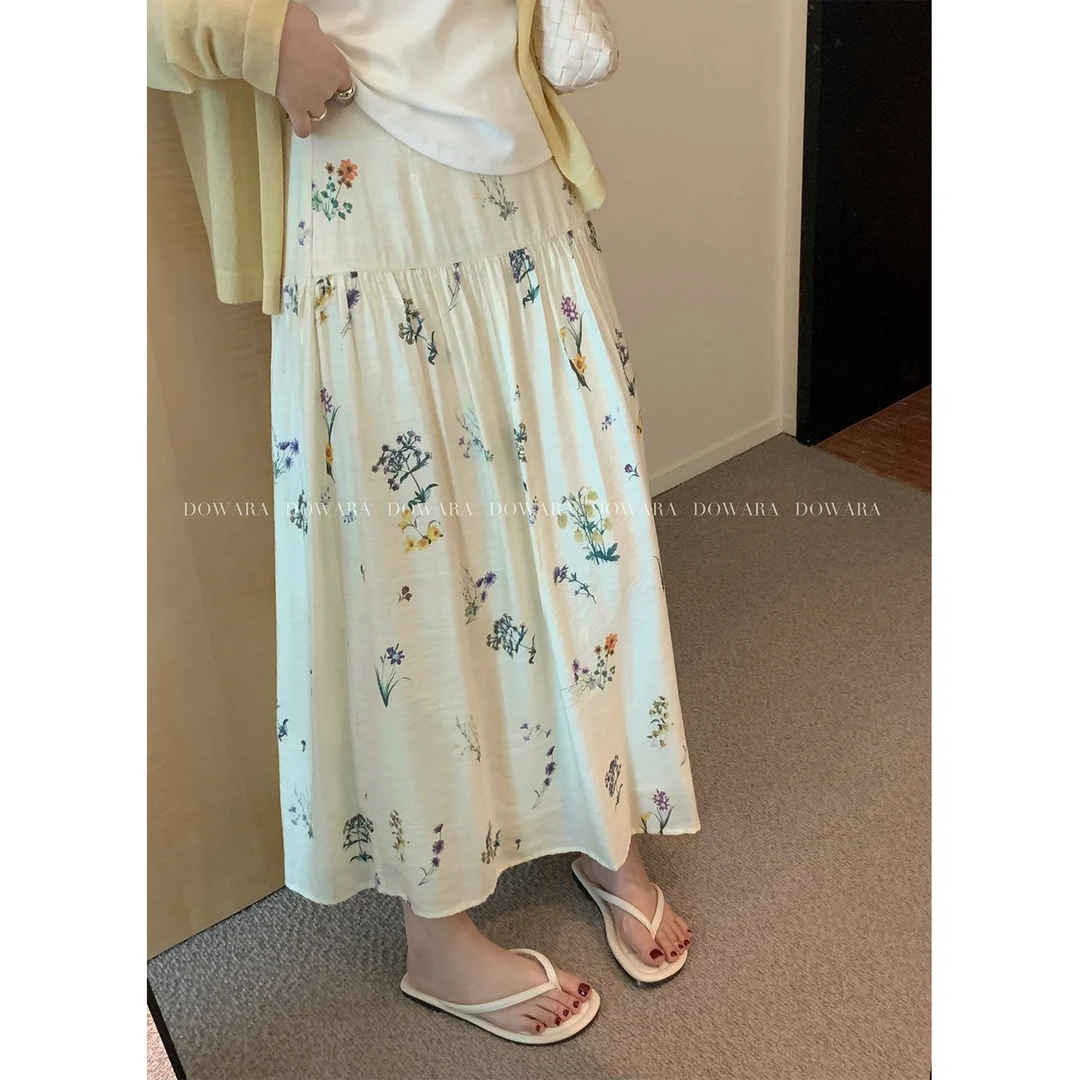 现货大婉酱微胖定制【麻感花花裙】宽松碎花长裙女复古半身裙 9233D