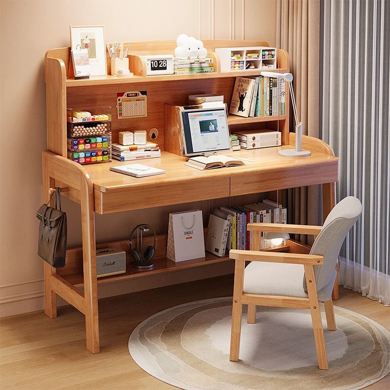实木书桌手动升降桌中学生书桌卧室家用简约书桌书架一体写字桌椅