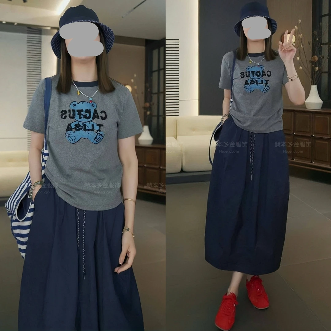 洋气休闲女2025时尚印花短袖T恤显瘦上衣百搭花苞半身裙气质套装