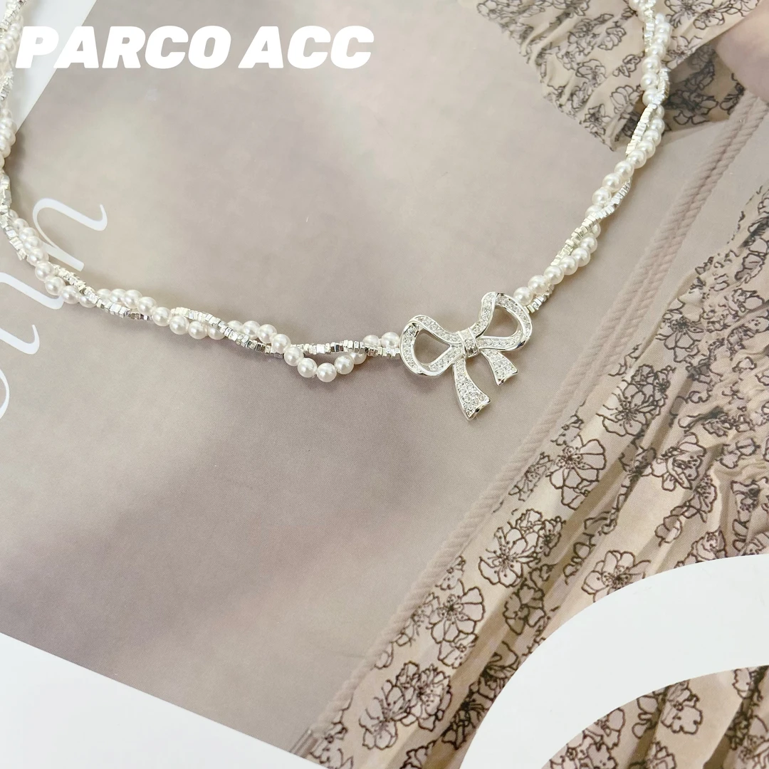 铜合金项链 E302 双层珠珠蝴蝶结项链