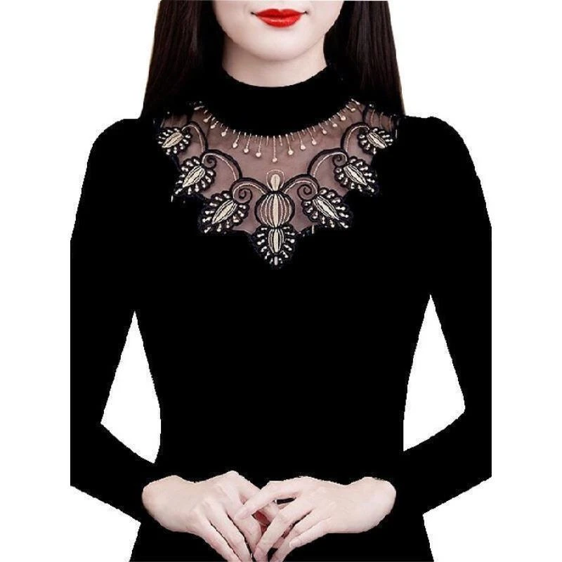 蕾丝秋冬大码镂空时尚ck妈妈打底衫秋冬款洋气半高领上衣