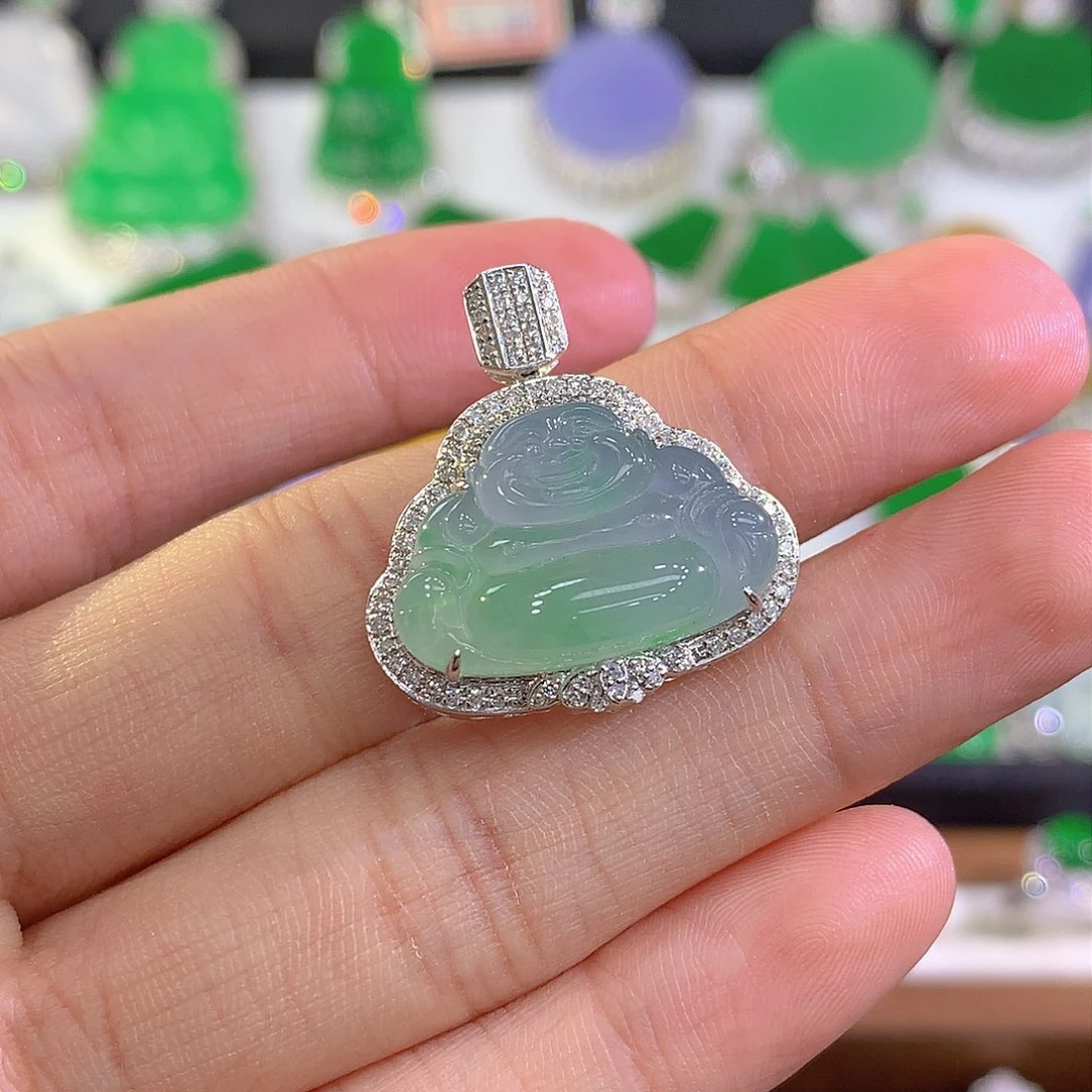 翡翠吊坠(不含链)18K金镶嵌佛公