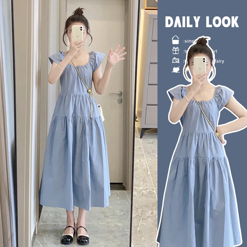 孕妇2025夏季新款法式方领小飞袖宽松连衣裙温柔风气质设计感裙子