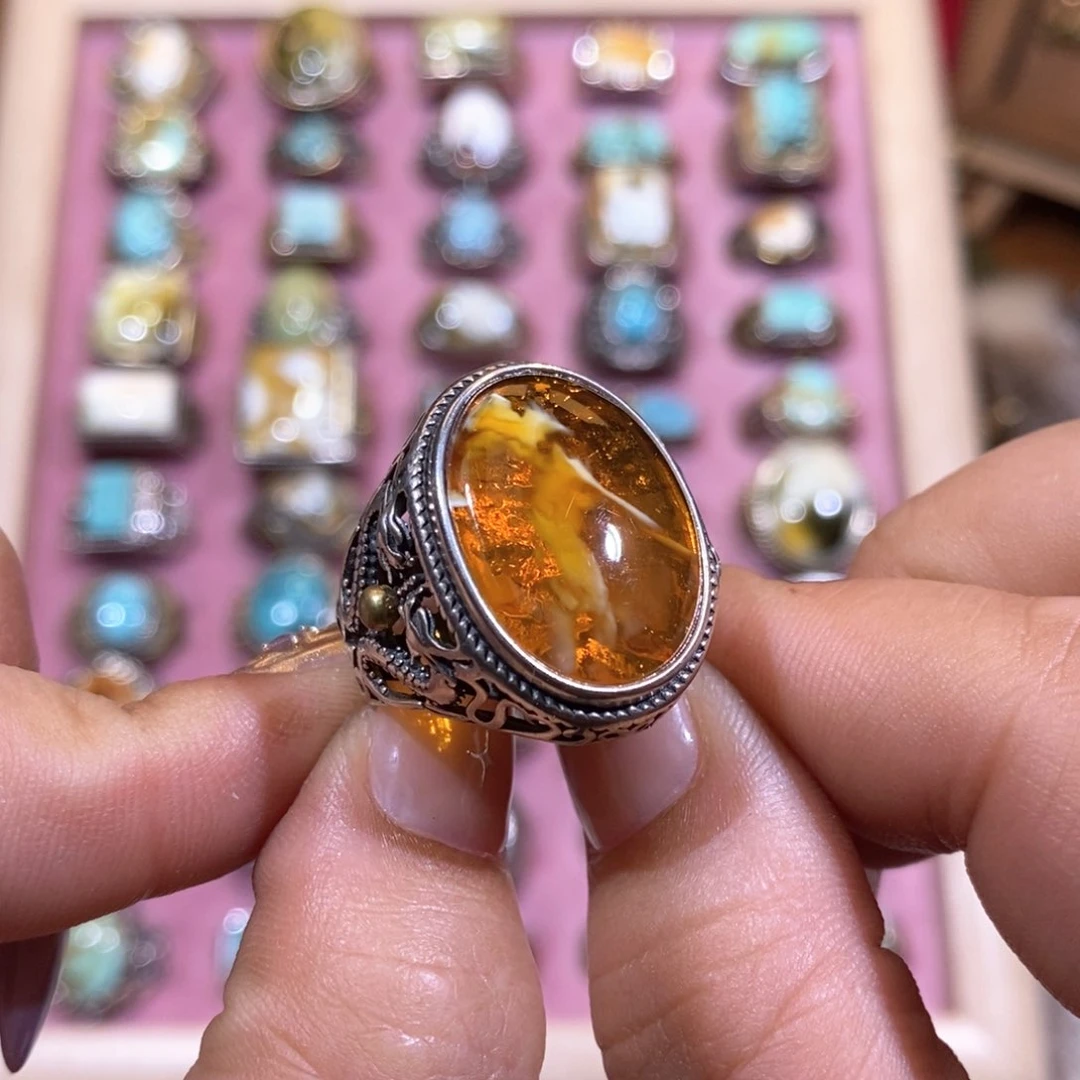 琥珀戒指银S925镶嵌晓*戒指