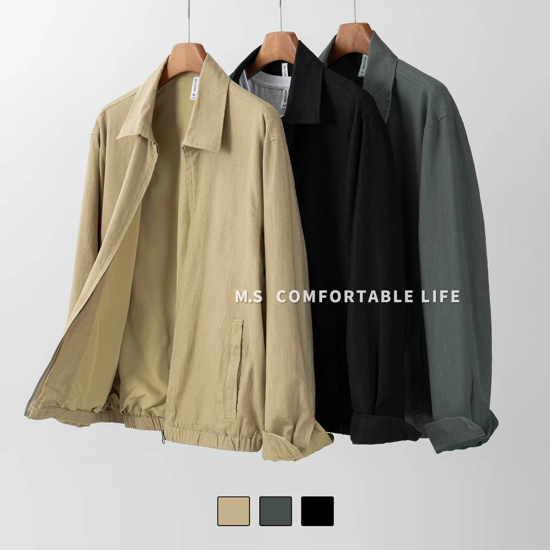 麻尚生活2025秋季老钱风棉麻夹克翻领宽松纯色外套男士休闲上衣