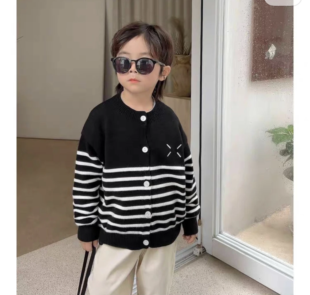 2348时尚潮流洋气百搭秋冬款男女童条纹开衫毛衣