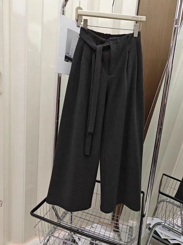 高级感灰色西装裤女春秋松紧高腰宽松垂感阔腿裤直筒宽松拖地长裤