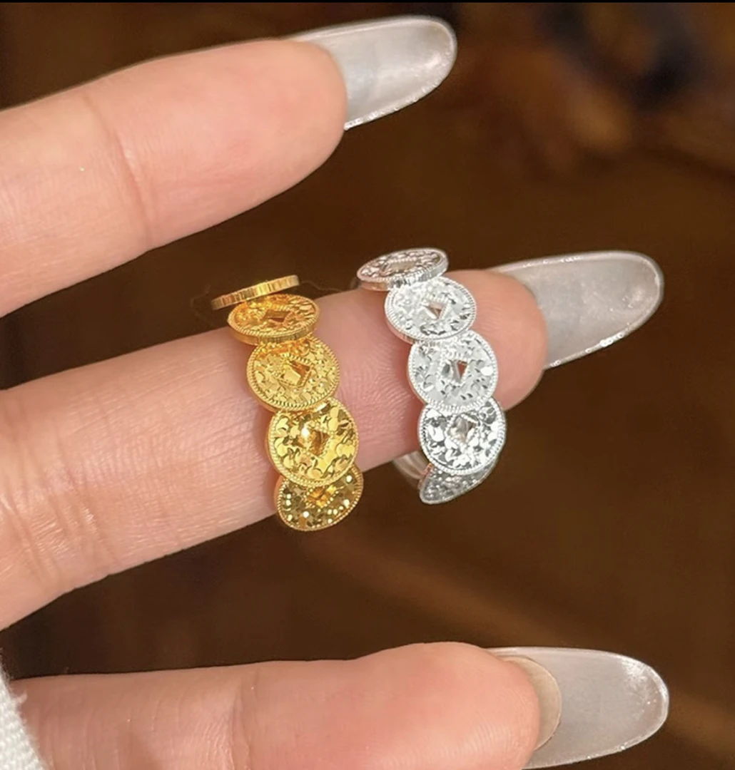 新中式金银色碎冰冰铜钱戒指2025年新款潮女款百搭开口可调节戒指