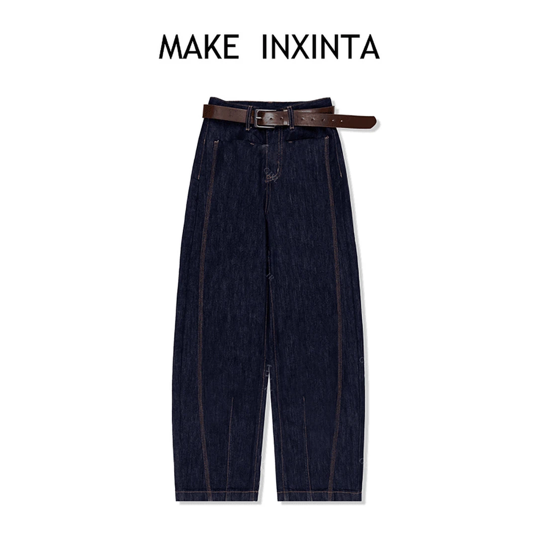 深蓝色阔腿牛仔裤女2025秋装新款宽松显瘦小个子直筒裤子爆款