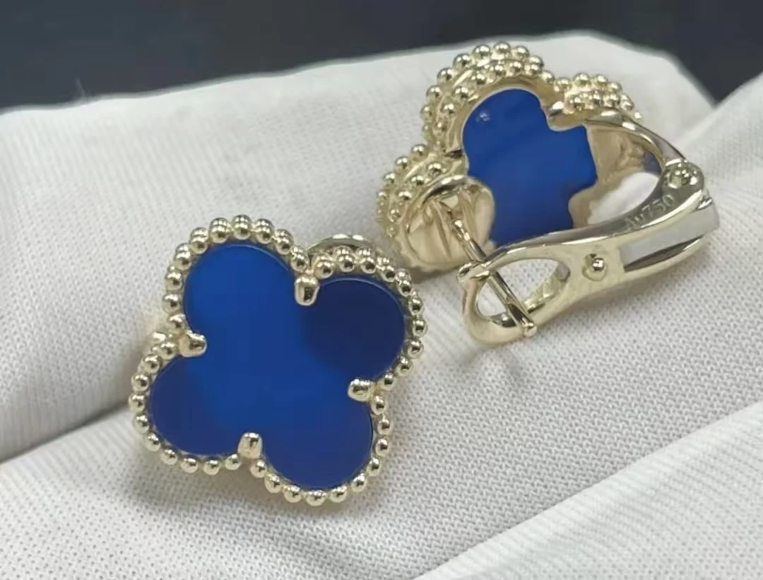 【双12活动专场】18K金镶嵌蓝玛瑙四叶草单花中号耳拍15mm 浅金色