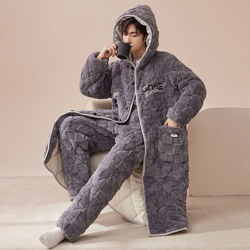 睡衣男三层夹棉珊瑚绒加厚加绒保暖2024年冬季睡袍家居服套装超厚