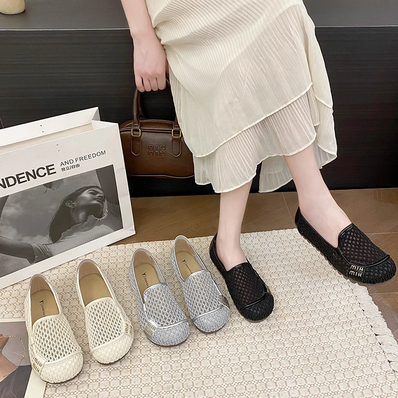 2025夏季新款透气网纱平底鞋一脚蹬休闲百搭软底镂空防滑洞洞鞋