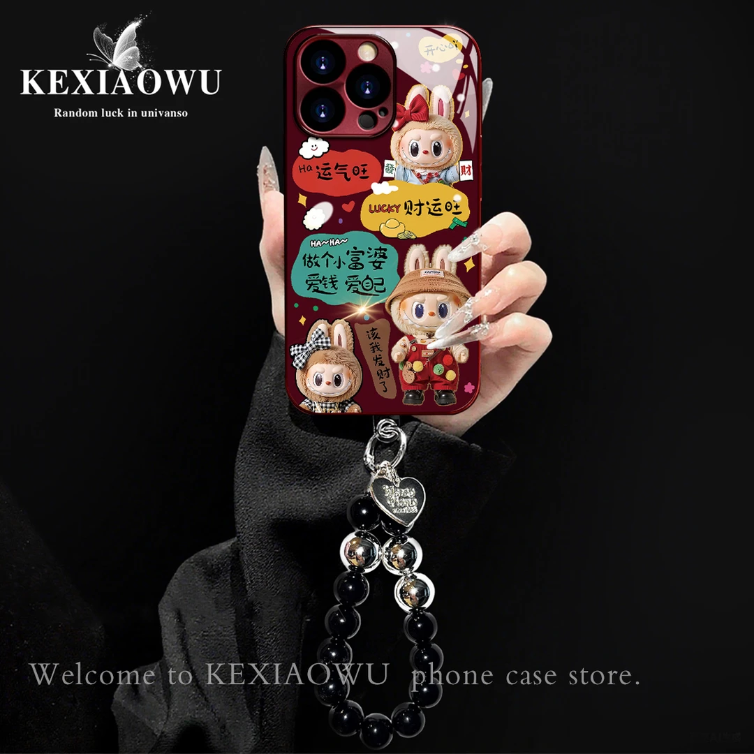 酒红电镀玻璃萌兔财气旺适用苹果oppo华为vivo小米手链手机壳