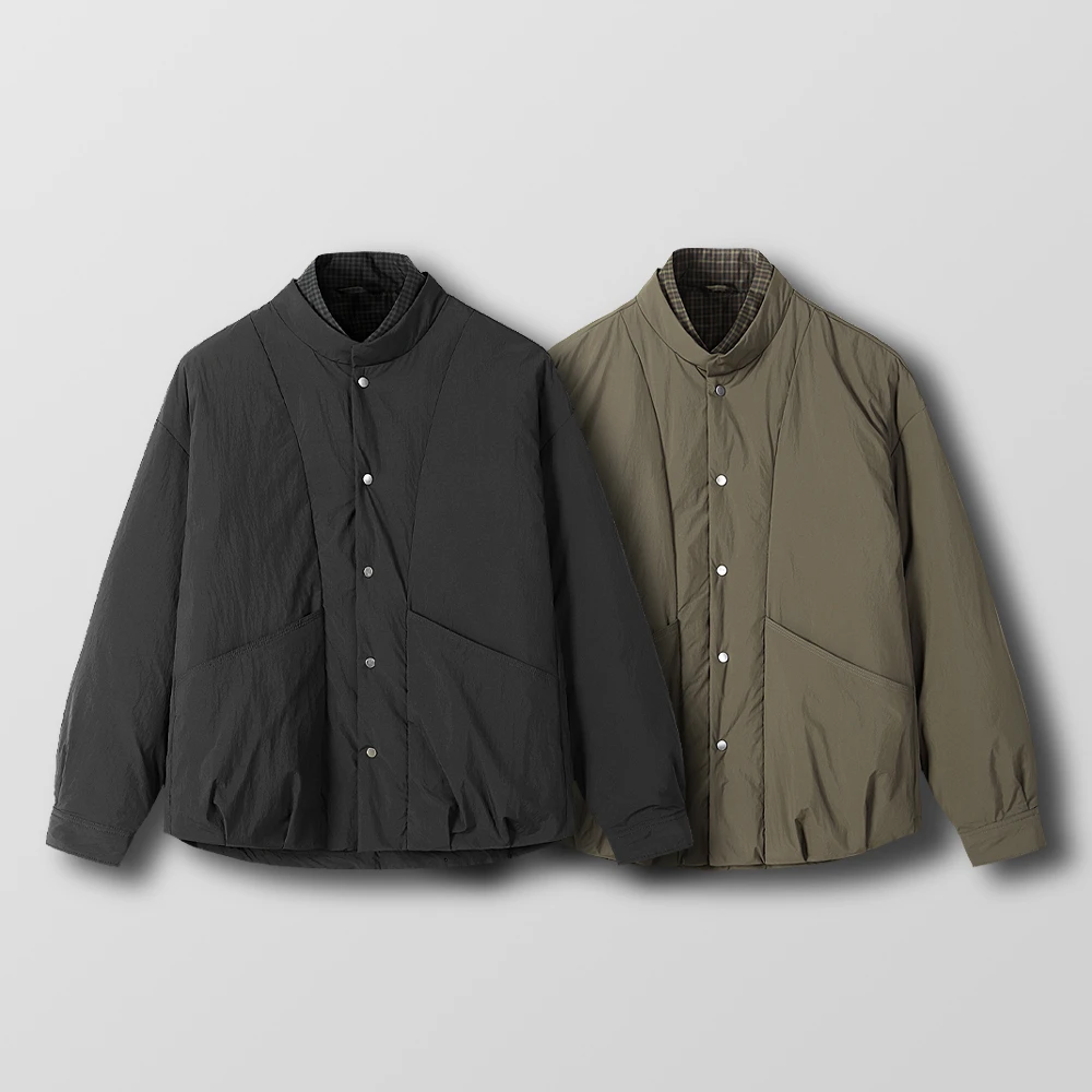 2025百搭男士冬季蓬松保暖宽松假两件双领衬衫款90白鸭绒羽绒服