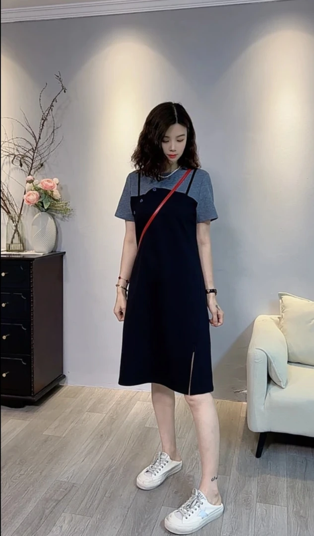 大码连衣裙夏季拼接成人短袖高腰长裙不褪色A字裙百搭半身裙夏款