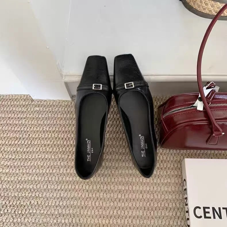 时尚浅口一脚蹬粗跟方头单鞋2025新款软皮通勤单鞋