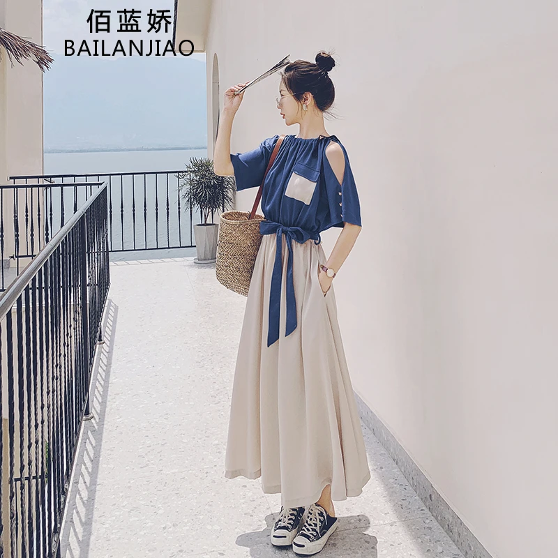 蓝色假两件连衣裙女2025夏季新款法式气质设计感小众到及脚踝长裙