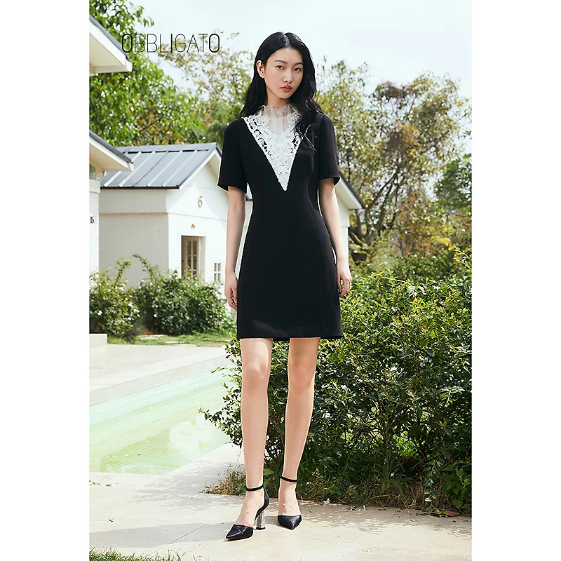 OBBLIGATO奥丽嘉朵2025夏季1C35205400新品蕾丝拼接撞色连衣裙