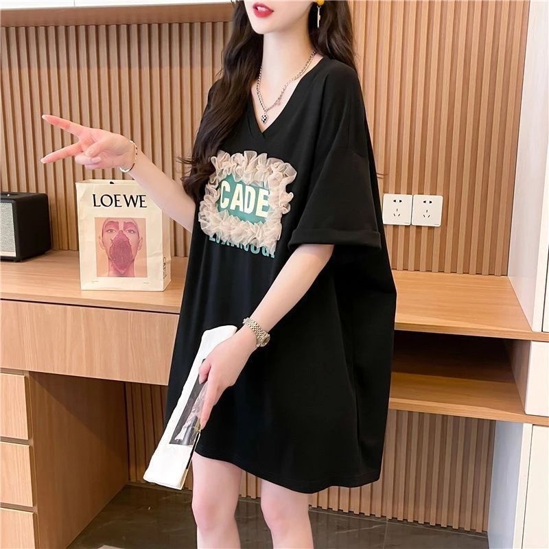 V领时尚大码洋气设计短袖夏季T恤2025新款宽松韩版减龄开叉上衣潮