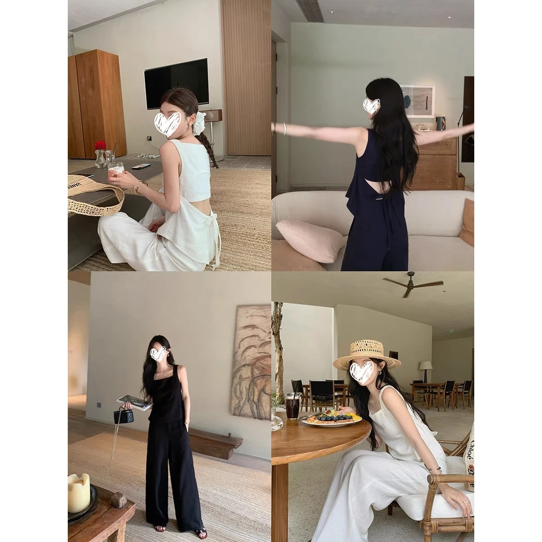 FRVXO绑带露背无袖方领吊带上衣高腰阔腿百搭松弛感西裤套装