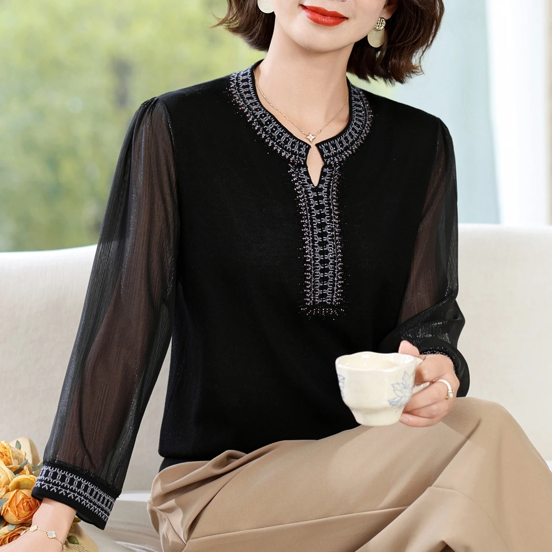 妈妈秋装2025新款纱袖T恤小衫中老年女装秋季洋气针织打底衫上衣