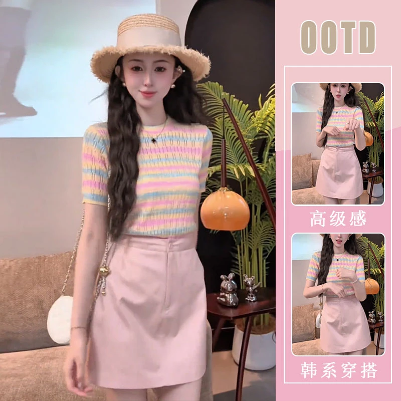 时尚甜美网红炸街套装女夏季设计感洋气短款针织上衣高腰短裙套装