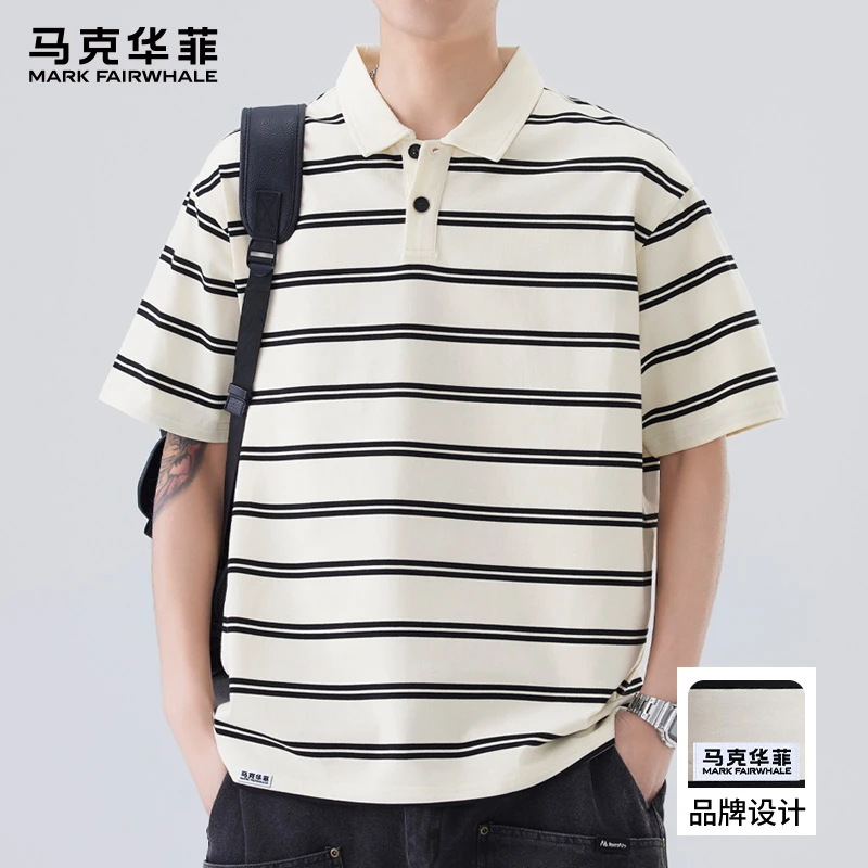 马克华菲潮流条纹短袖POLO衫男2025新款夏季宽松薄款翻领休闲T恤