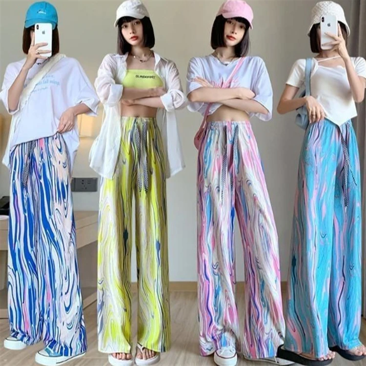 彩虹条纹扎染直筒阔腿裤女夏季薄款2025高腰显示宽松印花拖地