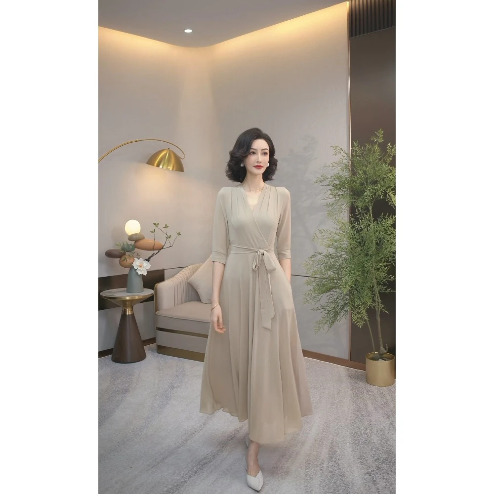 新款莱赛尔天丝纱女装连衣裙V领时尚显瘦修身优雅大摆长裙WF1112