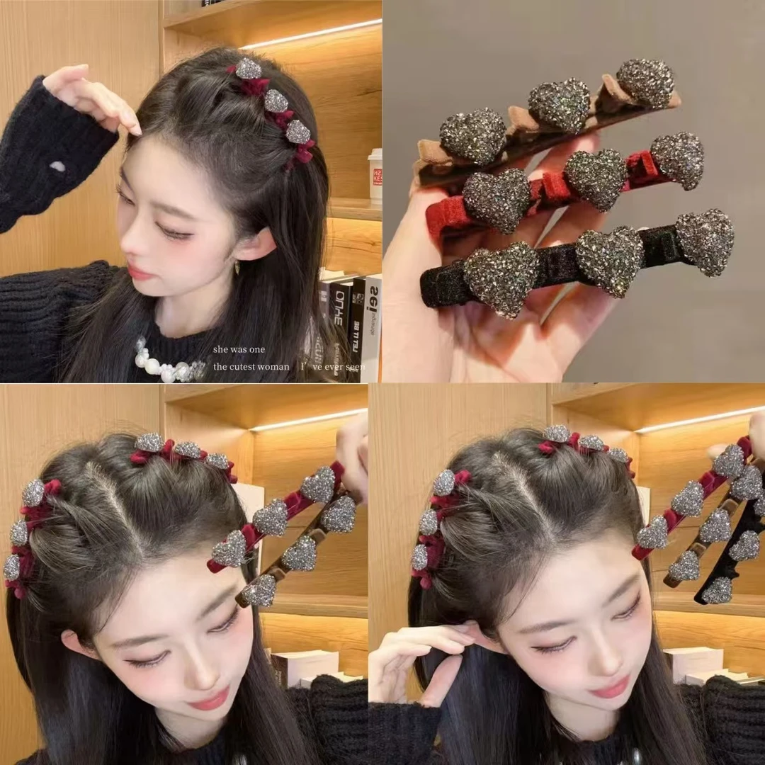 760红色植绒爱心侧边夹发夹新年编发神器刘海碎发夹子满钻发卡