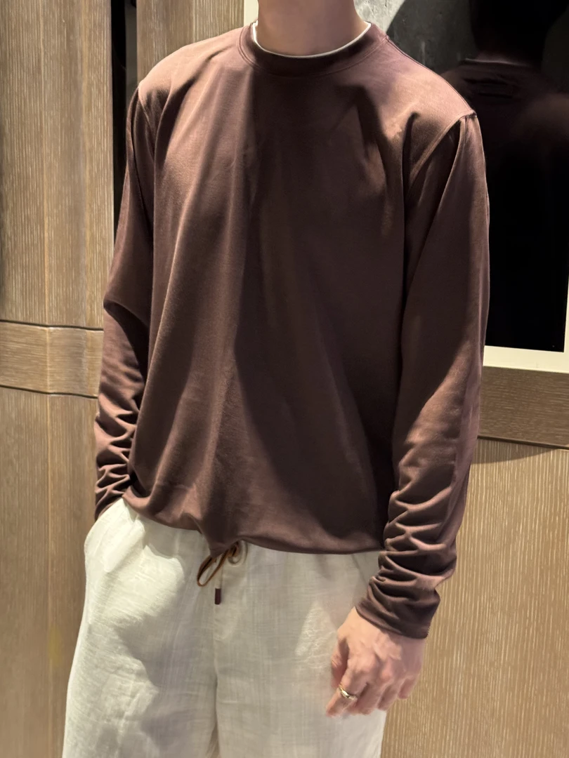 Z家版假两件下摆抽绳长袖T恤简约时尚老钱风男士圆领长袖T恤