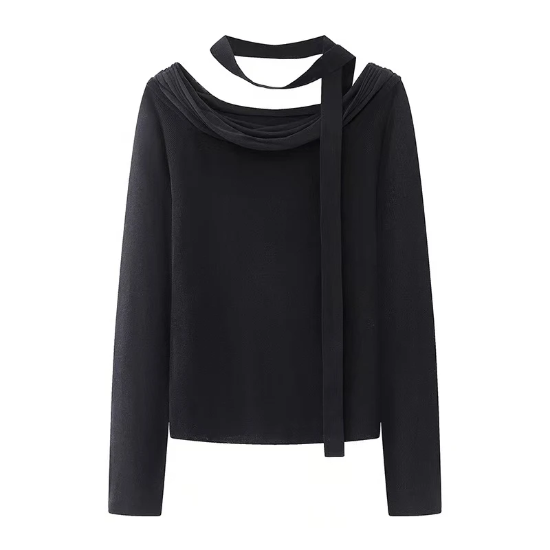 艾家时尚常规堆堆领长袖纯色拼接T恤打底衫修身圆领休闲804131