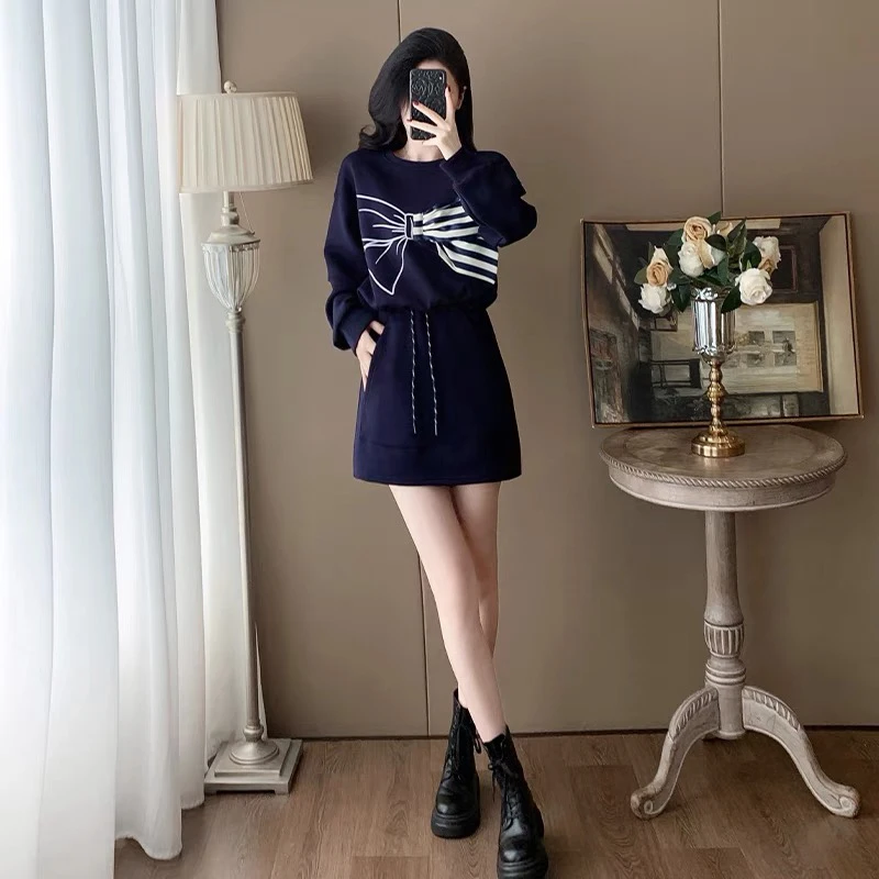 A002休闲运动套装裙女减龄2025秋季新款蝴蝶结卫衣+半身裙两件套