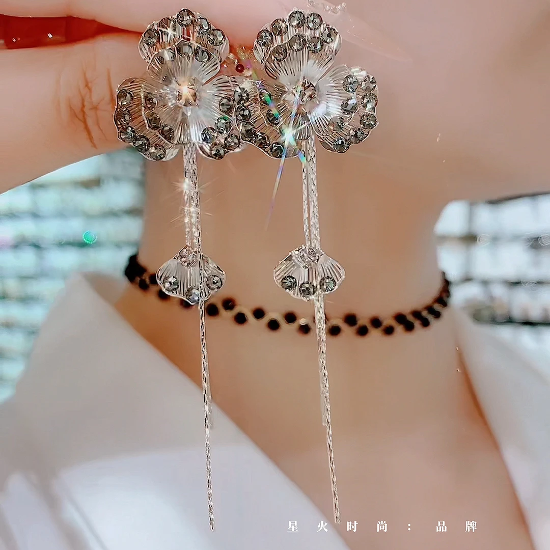 铜合金合成锆石耳饰 343-芝兰玉树S925银针显白轻奢长款百搭耳环