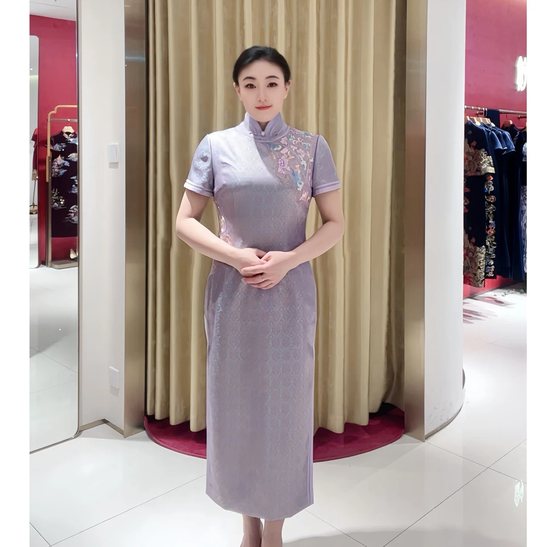 朱紫褕170057旗袍/紫色/两侧开叉/芙蓉花型/三醋酸提花/复古