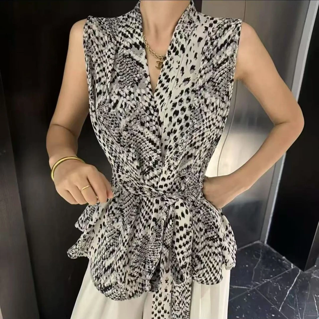 法式V领交叉复古印花无袖衬衫女夏上衣不规则设计感收腰绑带背心