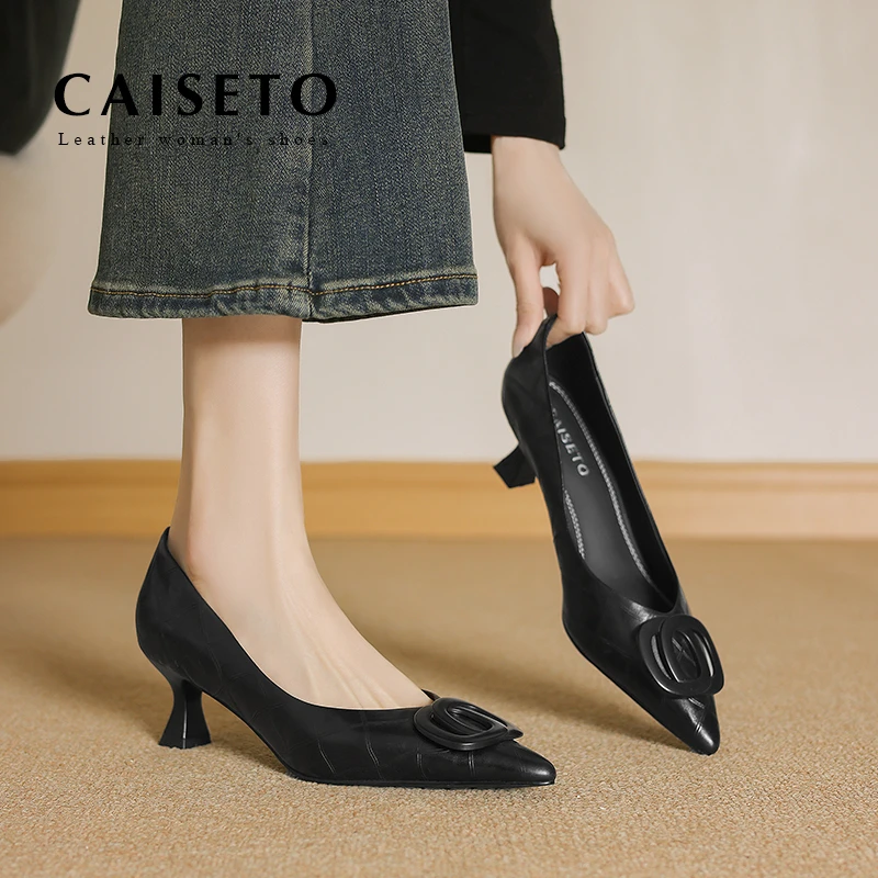 牛皮/5cm/新款时尚尖头百搭扣件低跟单鞋舒适真皮女鞋24D780-5