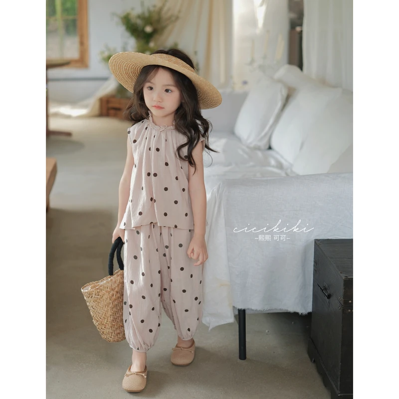 现货【波莉】2024儿童童装棉麻波点夏季女童套装熙熙可可TZ2411