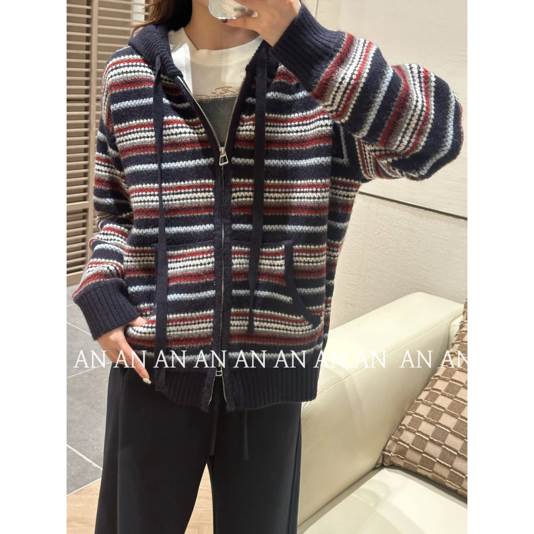 C09474新款时髦洋气宽松慵懒风针织开衫连帽彩色条纹毛衣外套