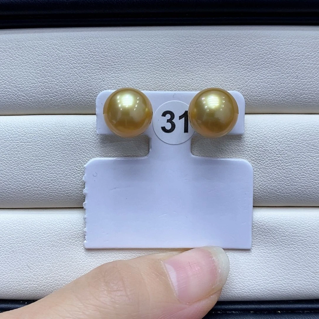 耳饰18K金镶嵌海水珍珠10到12点位浓茶金珠