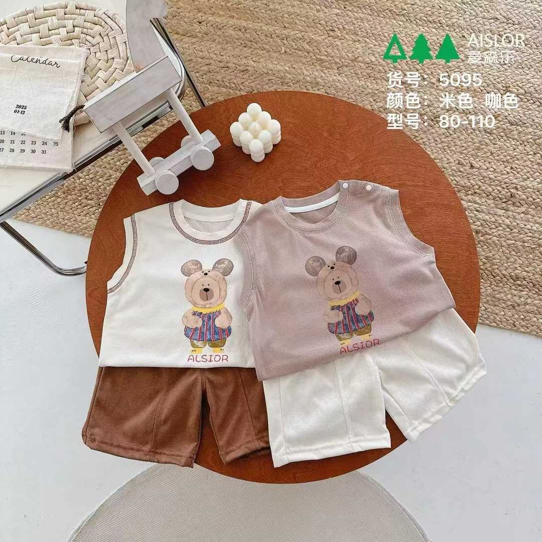 A5095爱森乐男宝帅气小熊宽肩薄款时尚夏季套装背心套新款男孩夏