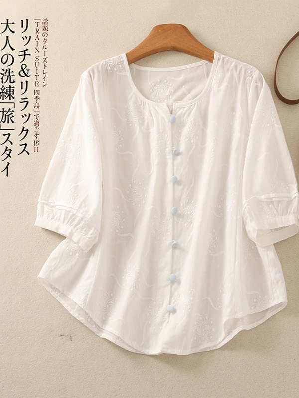 国风绣花棉麻半袖衬衫女夏季复古气质遮肚显瘦小衫亚麻白色衬衣薄