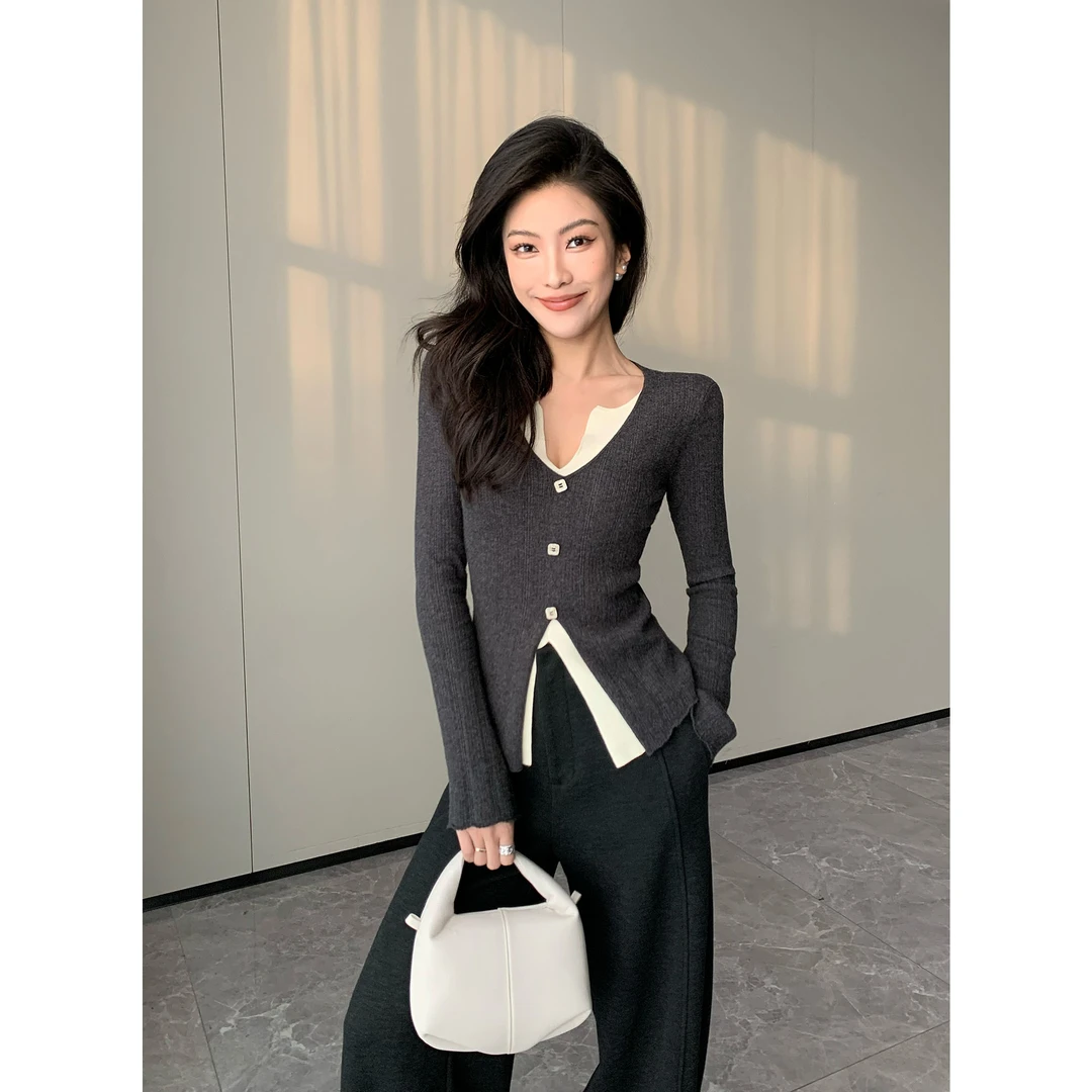 JIJINQI时尚显瘦百搭长袖纯欲修身设计针织上衣JC10MZPT555