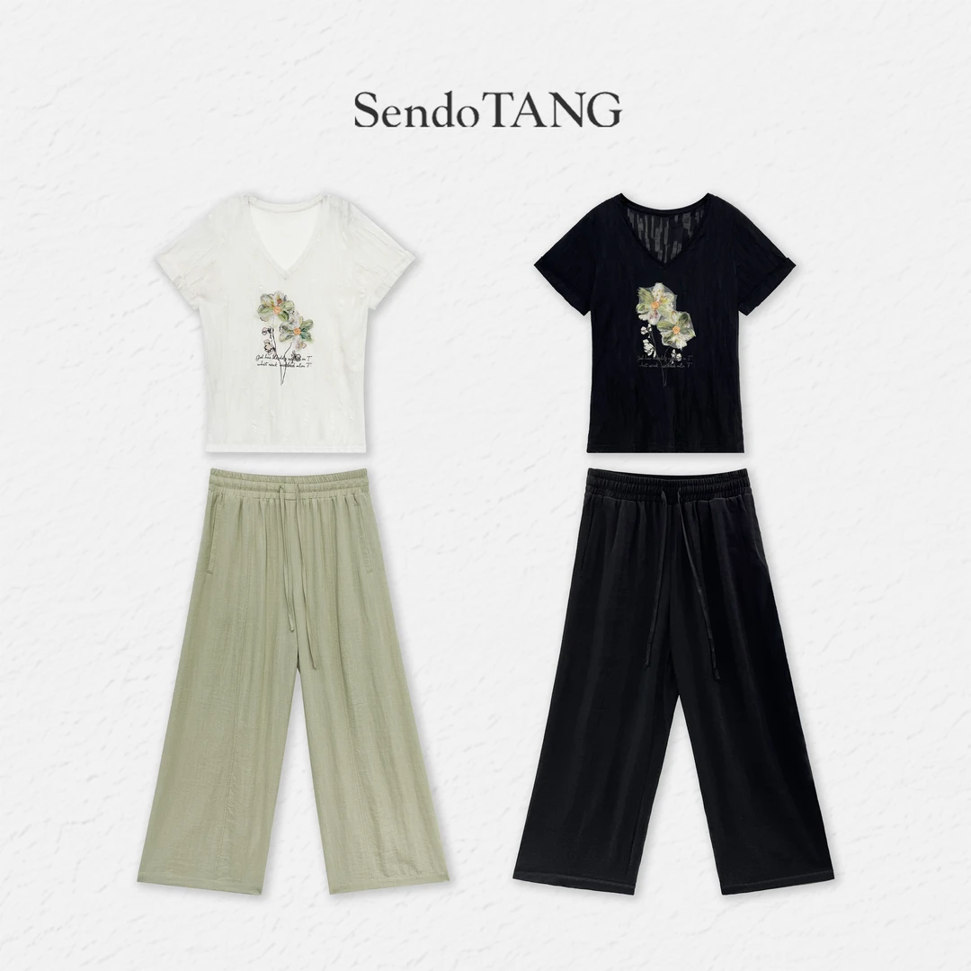 百搭减龄【午后香氛】胖多女装夏季新款时尚百搭上衣裤子套装