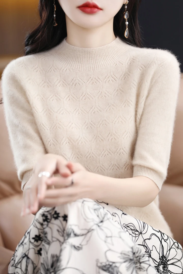 ZHANGLIXI 秋冬百搭设计师款羊毛一线成衣半高镂空中袖DMRD158