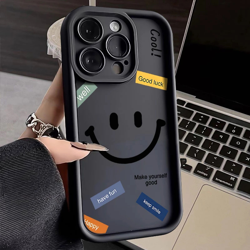 笑脸英文适用iphone16苹果手机壳15promax金刚砂14软13全包1211