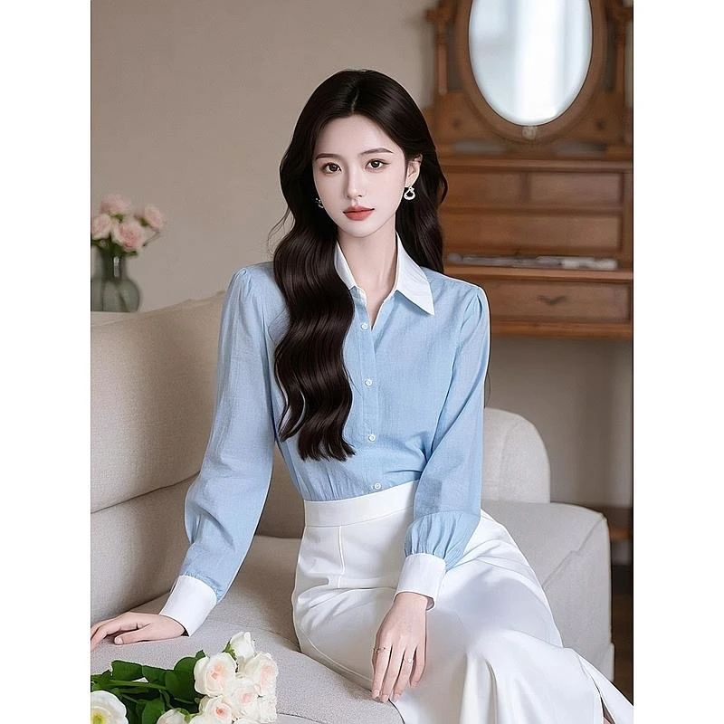 蓝色长袖衬衫春装女款2025年新款爆款小衫高级感轻奢法式气质上衣