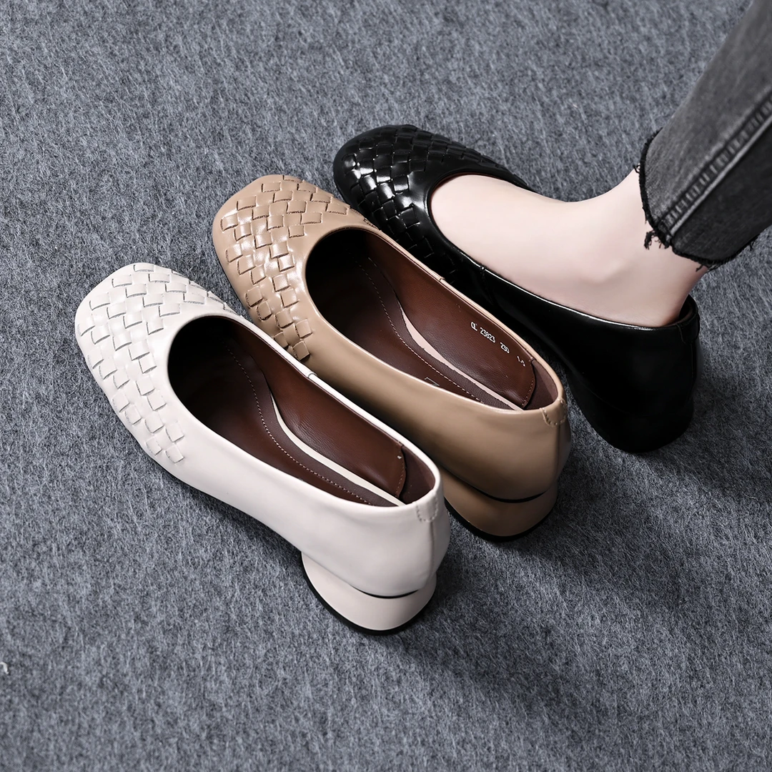 法式舒适编织低跟单鞋女2025新款秋方头浅口小皮鞋百搭奶奶鞋