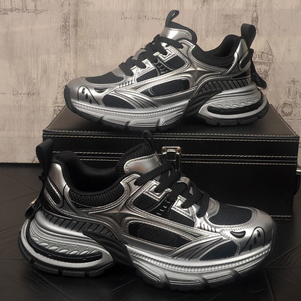 真皮老爹鞋男秋季银黑色网面透气休闲运动厚底增高级感潮鞋增高鞋